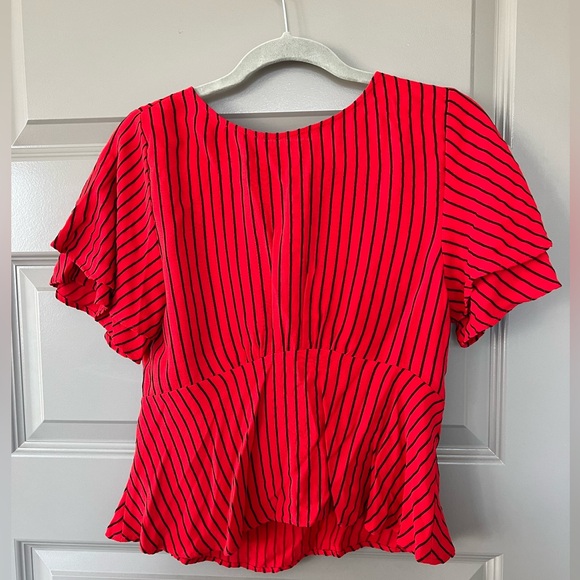 Zara Red and Black Striped Peplum Top with Flutter Sleeves Size Small - Picture 2 of 6